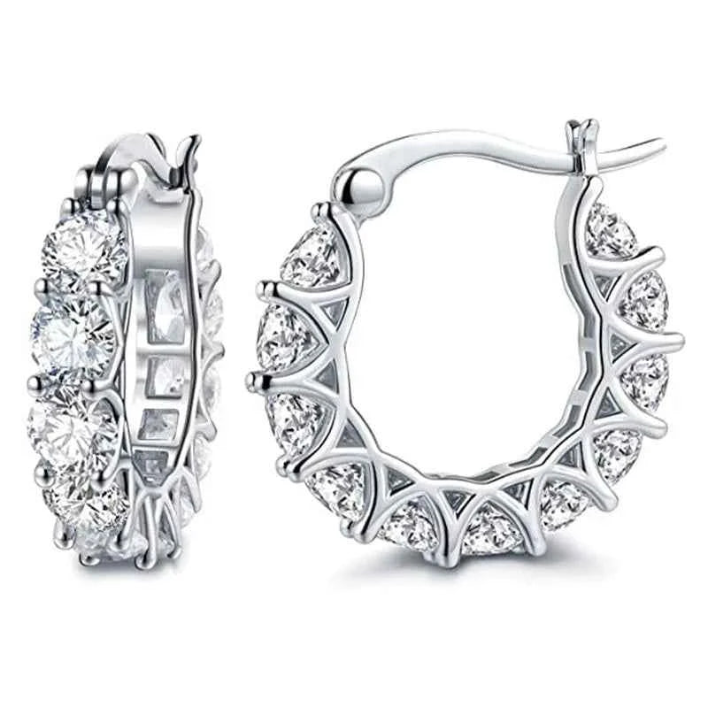 E807 Luxury White Gold 18K Gold Filled Plated Hoop Earrings Crystal Rhinestones Geometric Design Claw Setting Women's Party