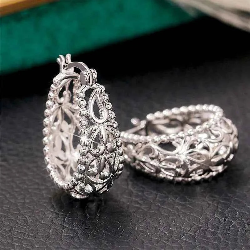 Champagne White 925 Silver Hoop Earrings Flower Pattern Classic Women's Everyday Wear Fine Jewelry