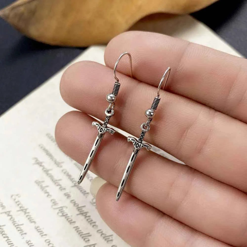 Antique Silver Plated Princess Cut Sword Drop Earrings Punk Style Unisex Fashion Jewelry Stainless Steel