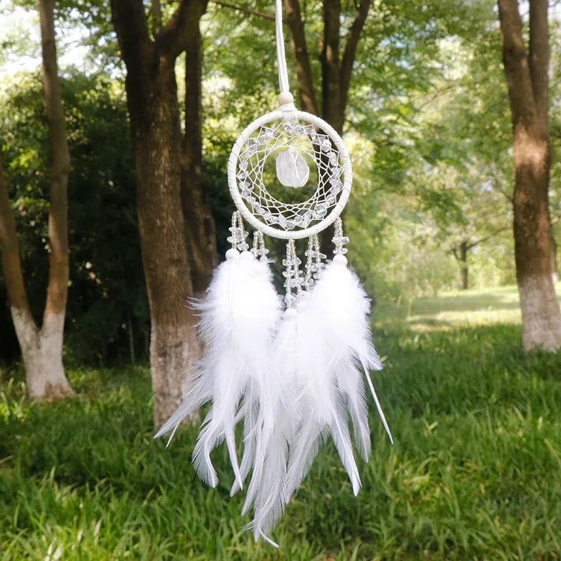 Handmade Mini Dream Catcher - Boho Wall Hanging with Colorful Feathers & Crystal Stones for Home Decor - Tulique