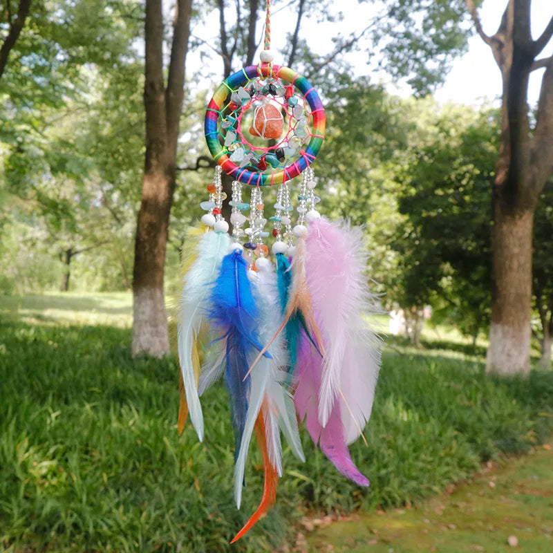 Handmade Mini Dream Catcher - Boho Wall Hanging with Colorful Feathers & Crystal Stones for Home Decor - Tulique