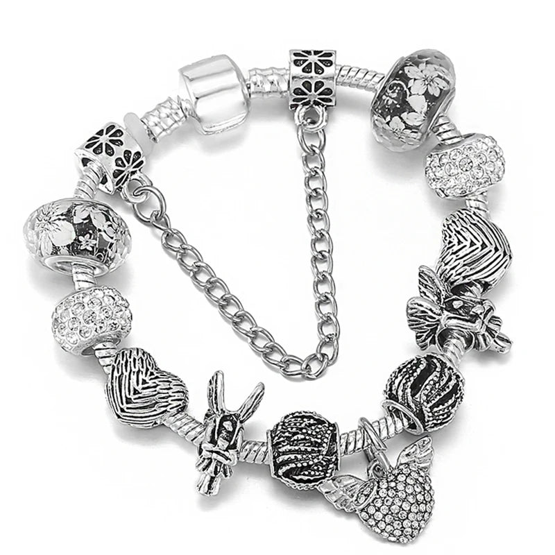 Elegant Crystal Flower Charm Bracelet - Gold Bead Design