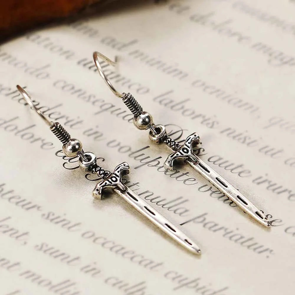 Antique Silver Plated Princess Cut Sword Drop Earrings Punk Style Unisex Fashion Jewelry Stainless Steel