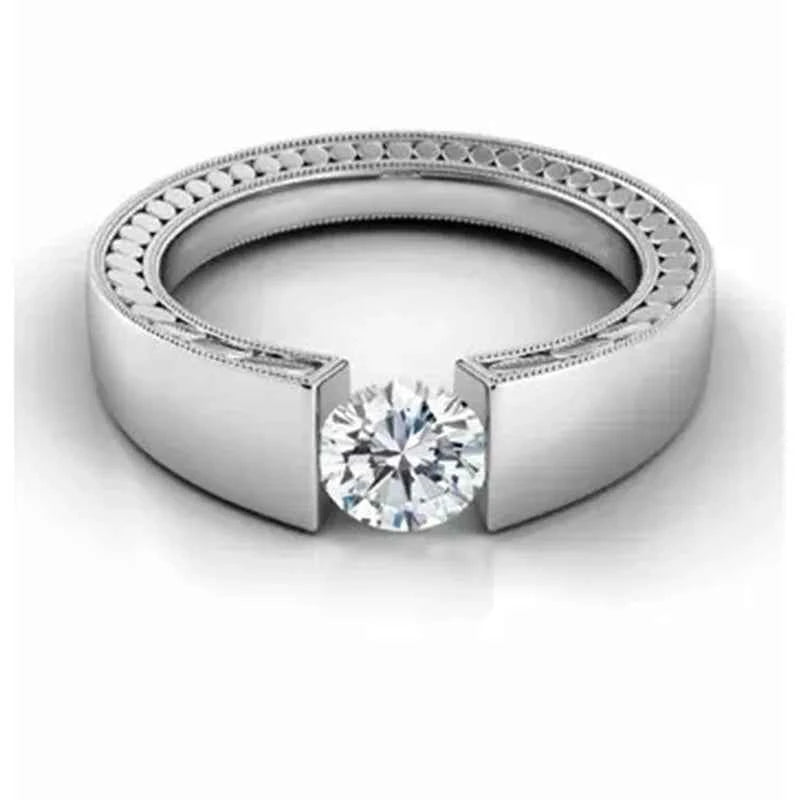 White gold diamond ring - round brilliant cut natural D color on polished band with milgrain edge
