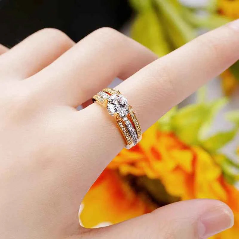 Q419 Women's 18K Solid Gold Diamond Ring Round Brilliant Cut Natural G Color Engagement Ring with Side Diamonds