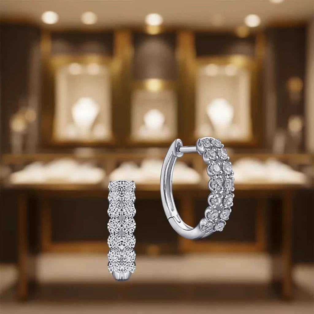 Elegant White Gold Hoop Earrings With Round Brilliant Cut Crystal Rhinestones Channel Setting For Women Classic Everyday Wear