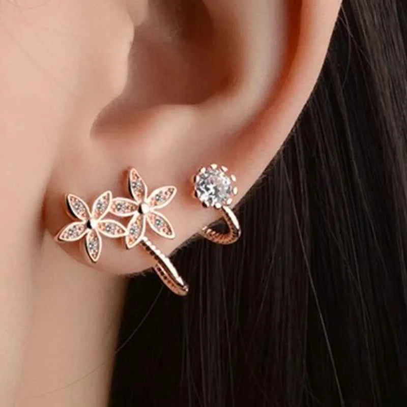 Tibetan Silver Flower Stud Earrings White Gold Plated Zircon Women's Romantic Party Jewelry Alloy Micro Insert Fashion Earrings