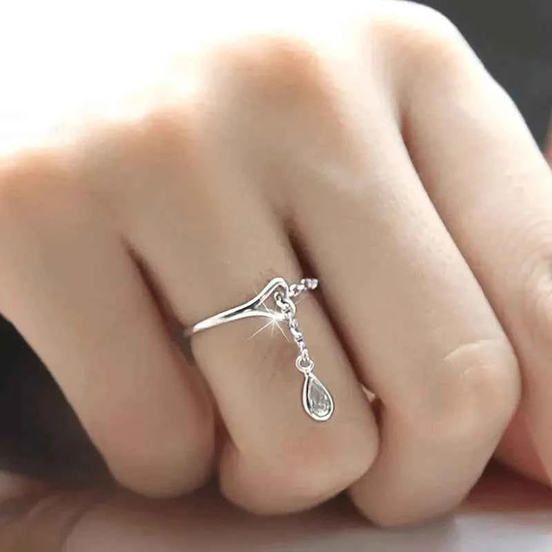 T0153 Water Drop Ring 925 Sterling Silver Pear Cut Crystal Rhinestone Bezel Setting Women's Gift Jewelry