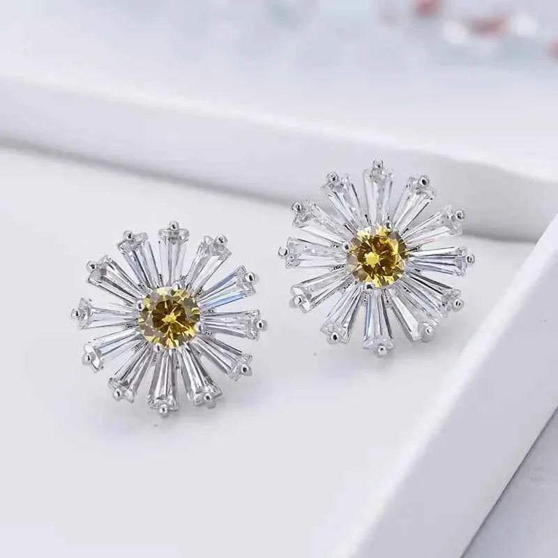 White gold flower earrings with round zircon claw setting - elegant stud earrings for women