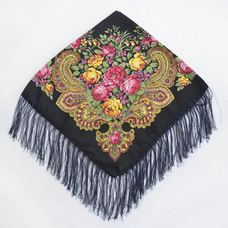 Luxury Floral Russian Scarf - Fringed Square Babushka Shawl
