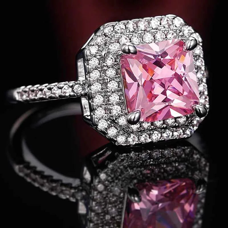 F1428 Women's Engagement Ring Princess Cut Natural Fancy Pink Diamond Halo With D Color Side Diamonds