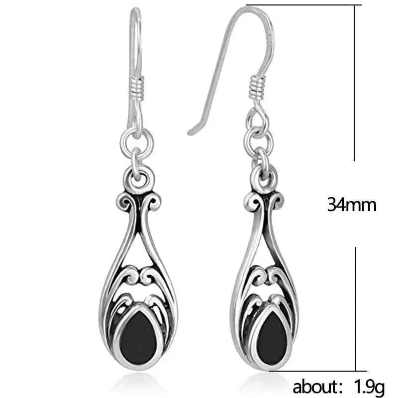 Vintage Tibetan Silver Drop Earrings With Onyx Stone Bezel Setting For Women White Gold Plated Fashion Jewelry
