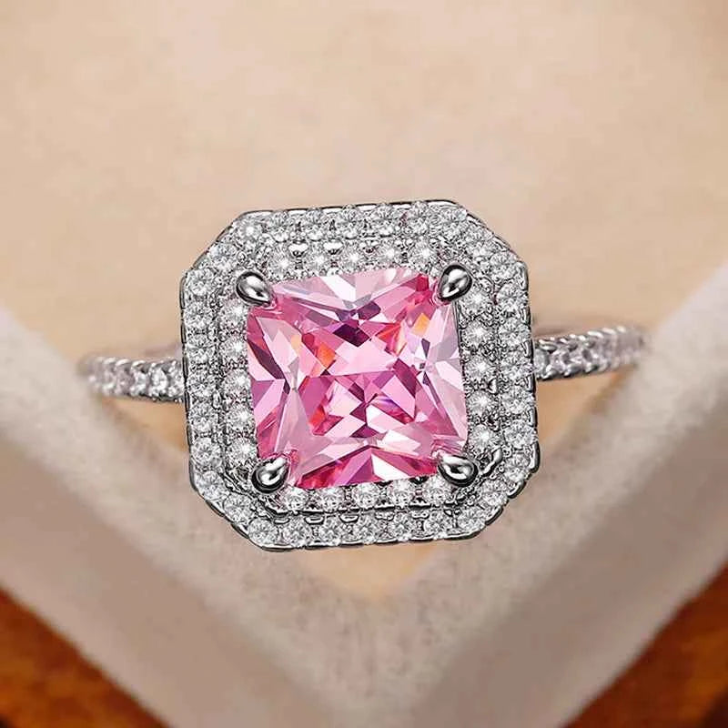 F1428 Women's Engagement Ring Princess Cut Natural Fancy Pink Diamond Halo With D Color Side Diamonds