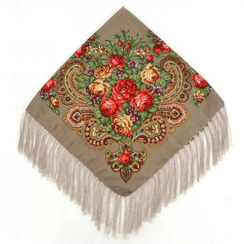 Luxury Floral Russian Scarf - Fringed Square Babushka Shawl