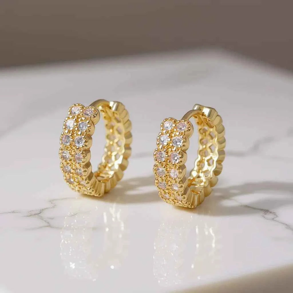 Luxury Gold 22k Plated Metal Hoop Earrings with Crystal Rhinestones Women's Party Jewelry Micro Insert Design
