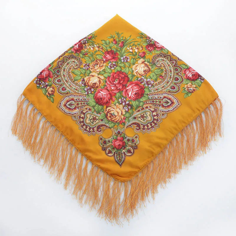 Luxury Floral Russian Scarf - Fringed Square Babushka Shawl