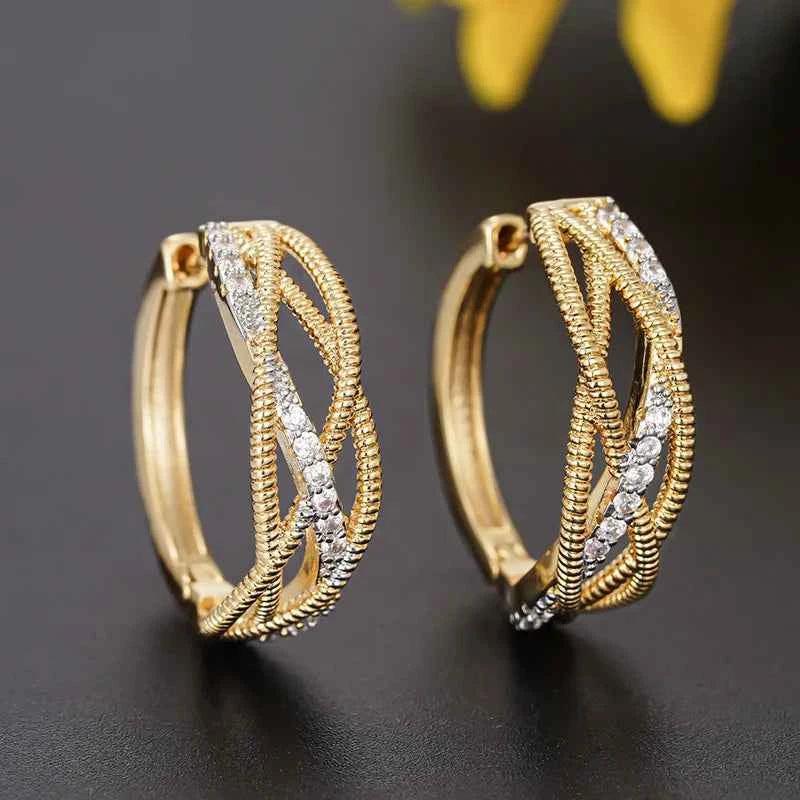 Golden Two-tone Hoop Earrings With Diamond Inlay For Women Everyday Wear
