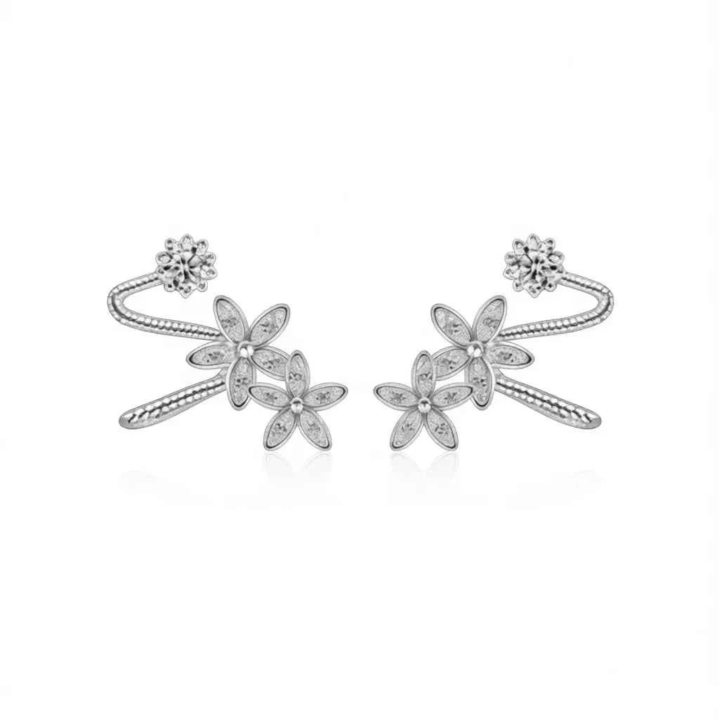 flower stud earrings - white gold plated with round zircon stones on display