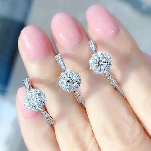 F1458 Diamond Ring White Gold Round Brilliant Cut Natural Diamond Engagement Women's G Color Halo Design