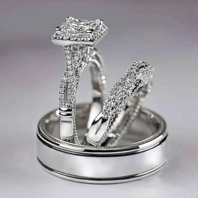 H521 Diamond Engagement Ring Princess Cut Natural White Gold Women's D Color Side Stone Rings