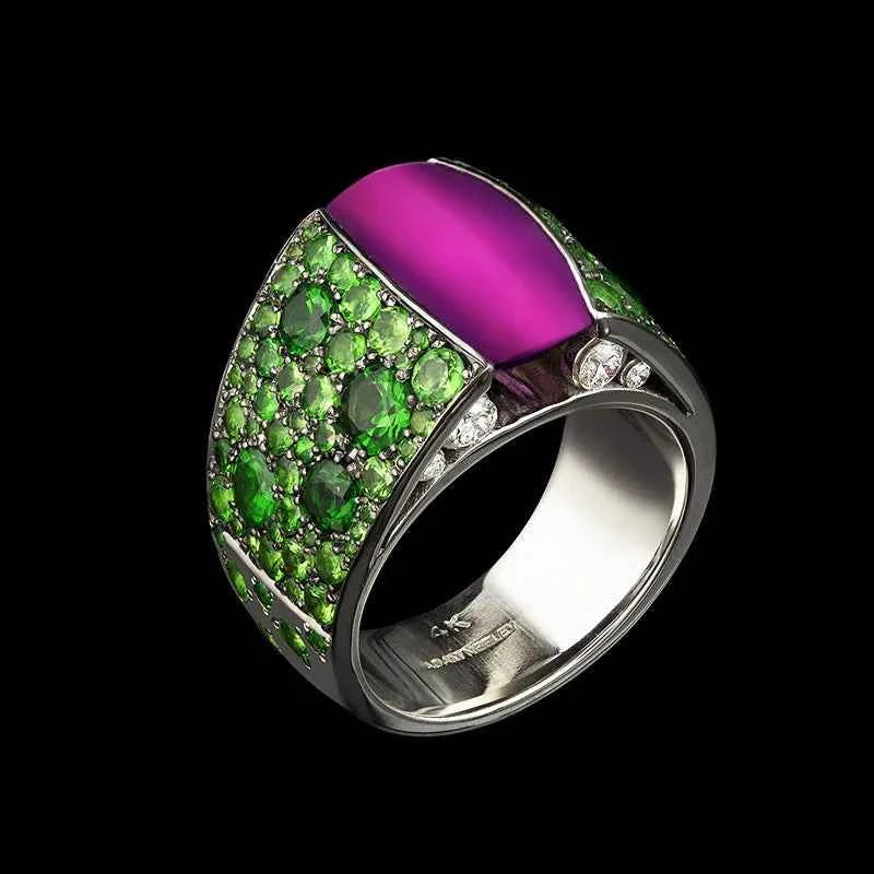 Natural peridot ring - round pave setting cocktail ring with green gemstone and diamond accents