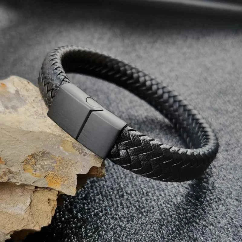 Leather braided bracelet with stainless steel magnetic clasp for men and women