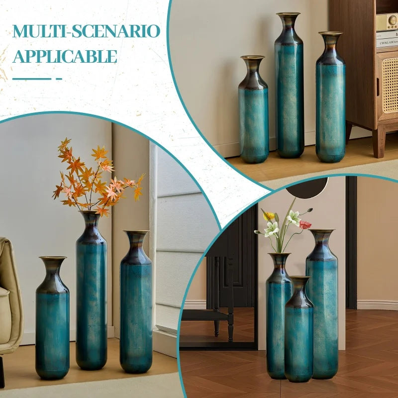 Torch-Fired Metal Floor Vases Set of 3 Tall Rustic Blue Burnt Finish for Farmhouse Living Room - Tulique
