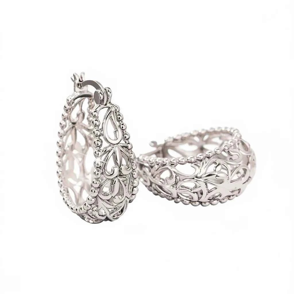 Silver hoop earrings with flower pattern - champagne white finish on 925 sterling silver hoops