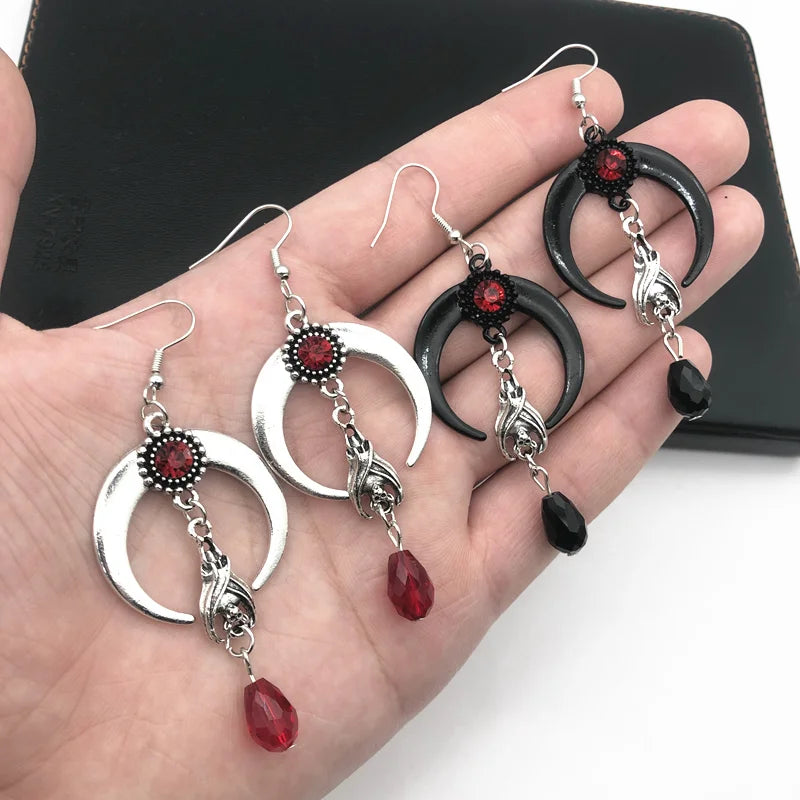 gothic punk earrings - bat and red bead pendant in antique silver finish