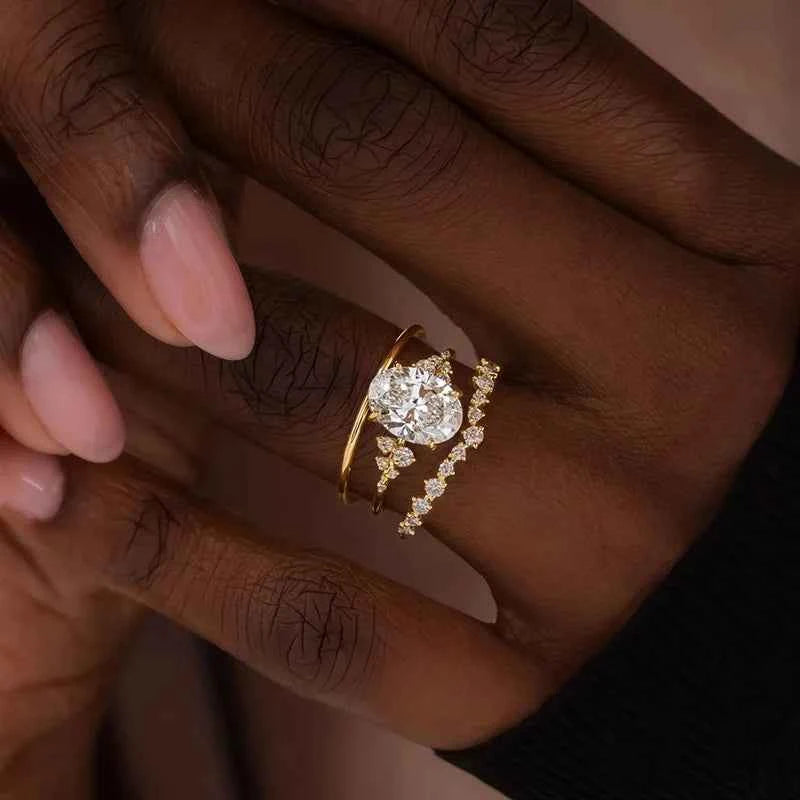 T0425 Women's Yellow Gold Oval Cut Diamond Engagement Ring With Natural Side Diamonds D Color
