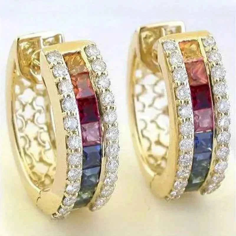 Gold plated huggie earrings - crystal rhinestone channel setting, golden hoop design