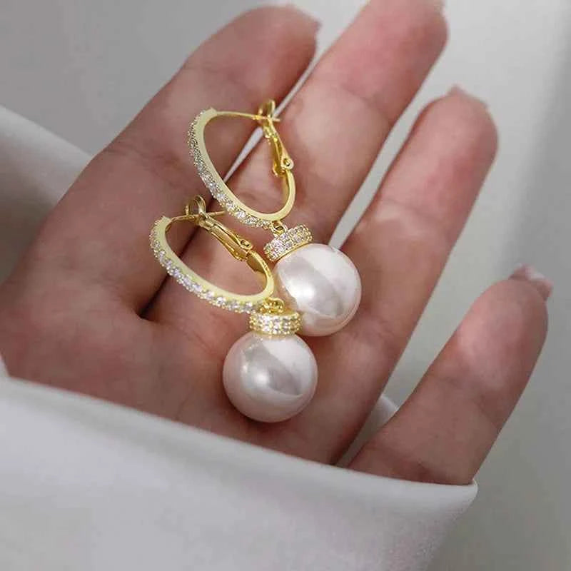 Classic Gold Hoop Earrings With White Cultured Pearl AAA Grade 18K Gold Plated Bezel Setting Women's Wedding Jewelry