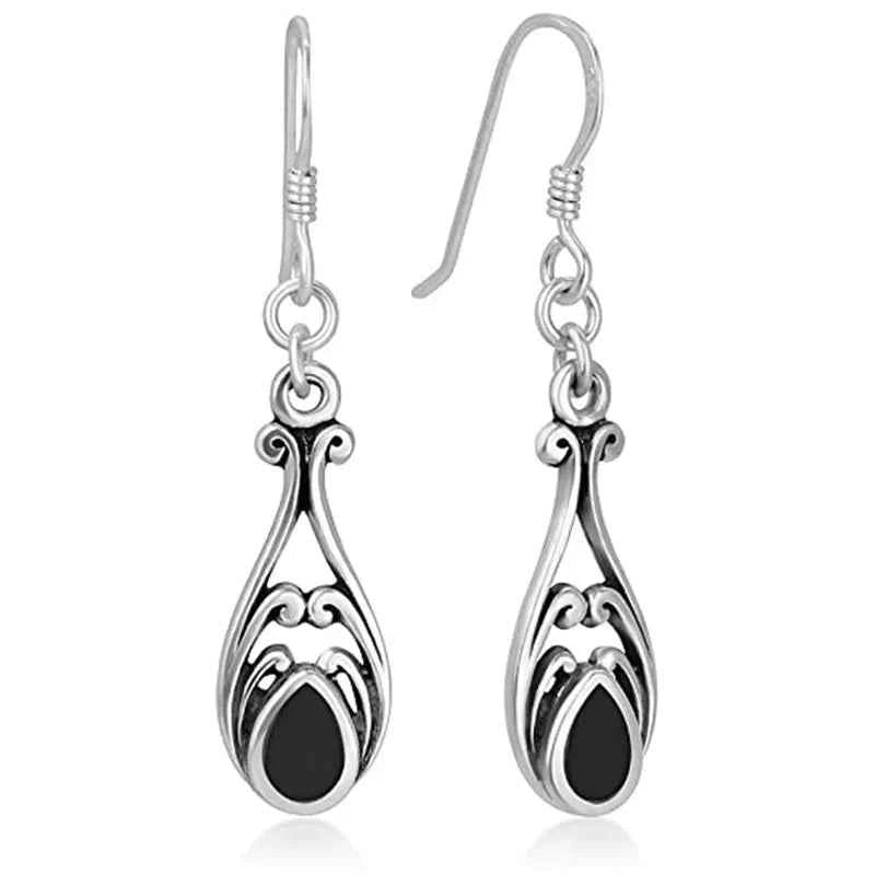 Vintage Tibetan Silver Drop Earrings With Onyx Stone Bezel Setting For Women White Gold Plated Fashion Jewelry