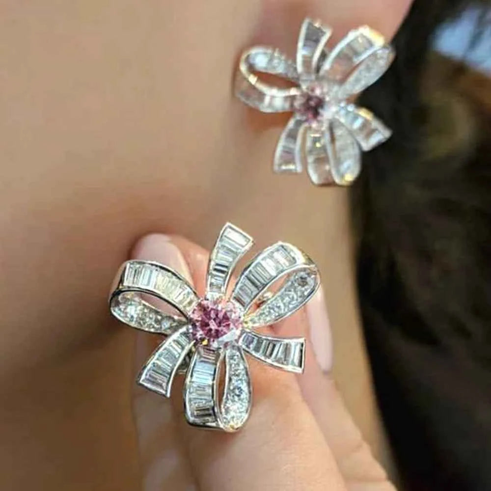 E1786 White Gold Diamond Earrings Baguette Cut Fancy Pink Center Women's Luxury Wedding Jewelry