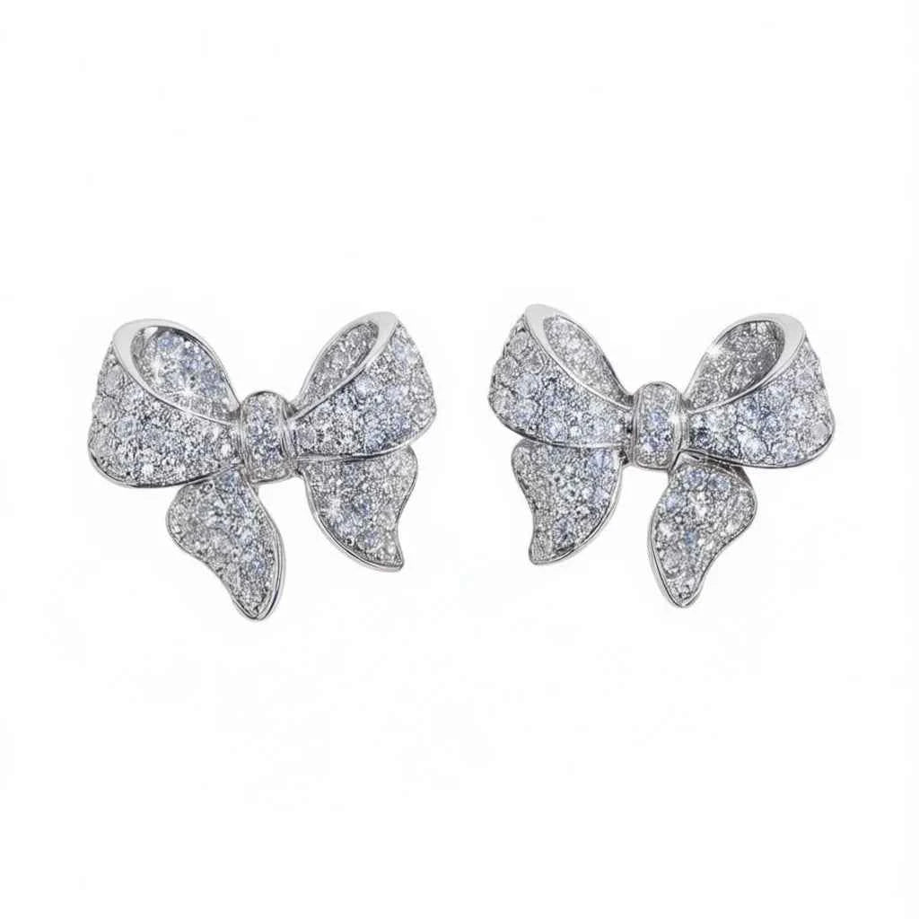 Crystal bowknot stud earrings - sparkling rhinestone bow design on alloy setting