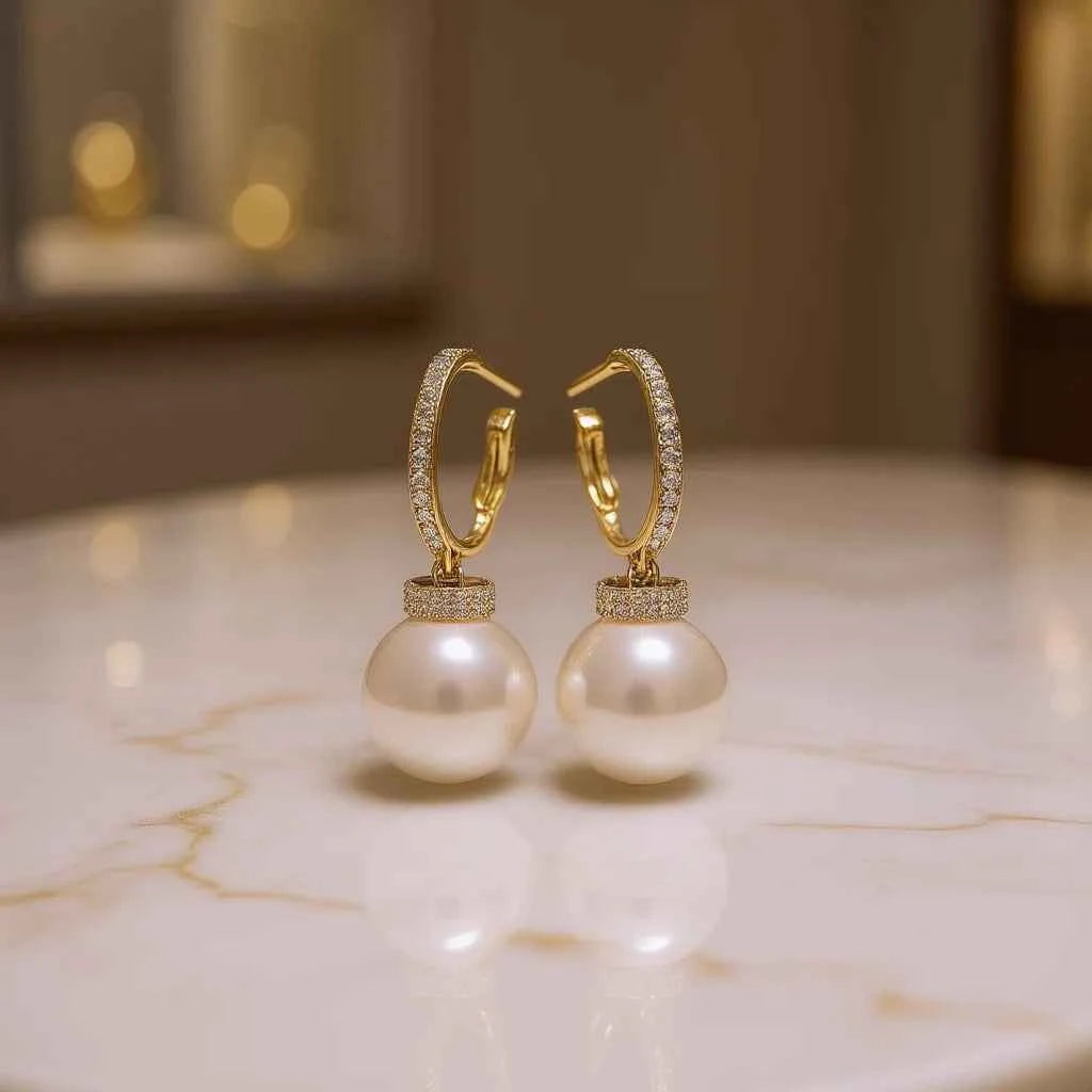 Classic Gold Hoop Earrings With White Cultured Pearl AAA Grade 18K Gold Plated Bezel Setting Women's Wedding Jewelry