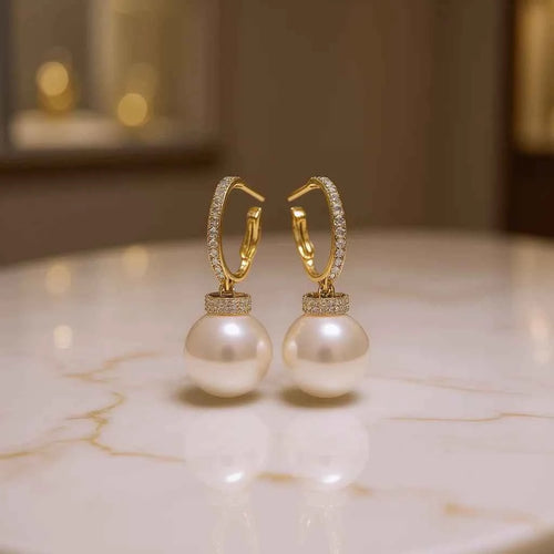 Classic Gold Hoop Earrings With White Cultured Pearl AAA Grade 18K Gold Plated Bezel Setting Women's Wedding Jewelry