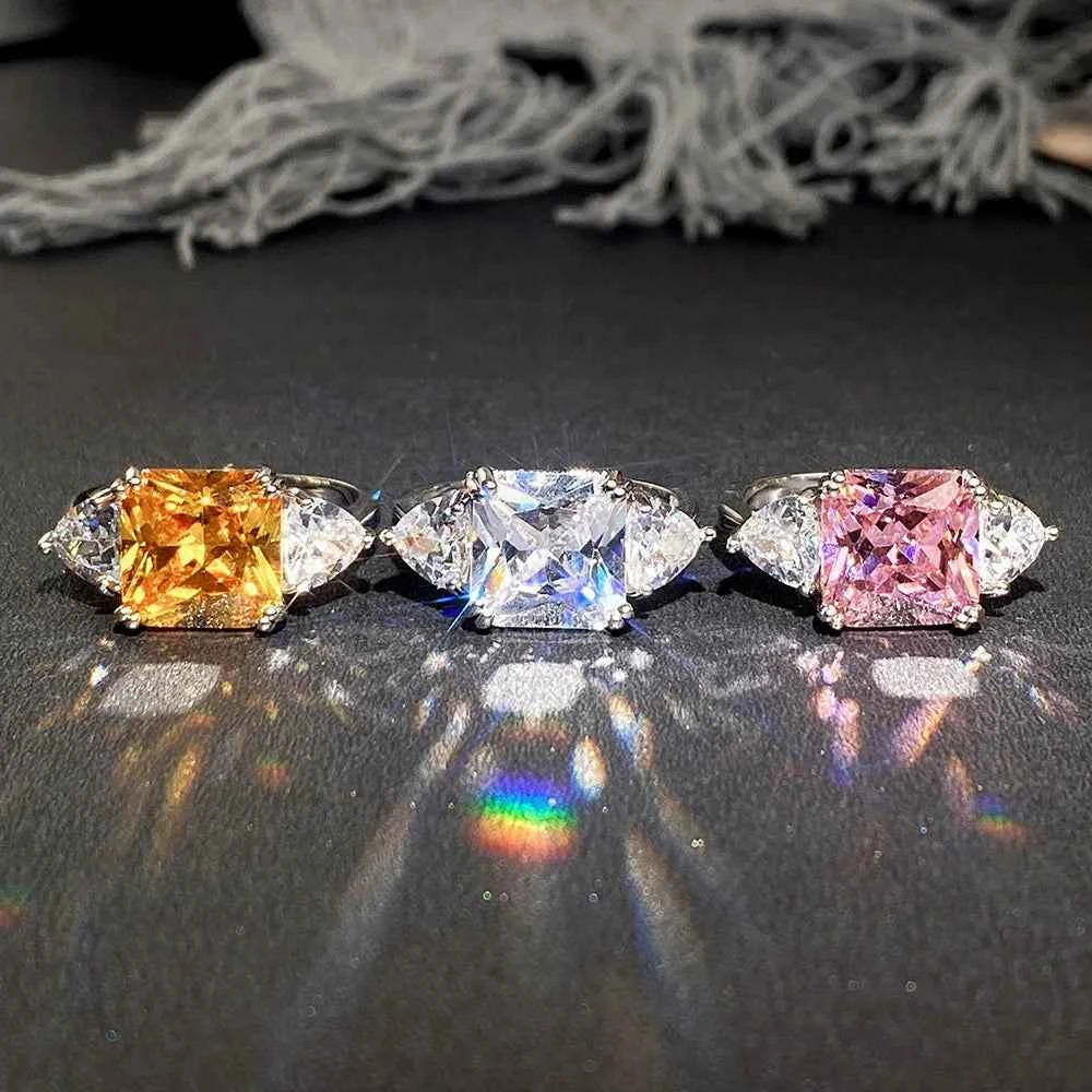 Hip hop CZ ring - three-stone design with square center and marquise side stones in brass setting