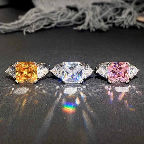 Hip hop CZ ring - three-stone design with square center and marquise side stones in brass setting