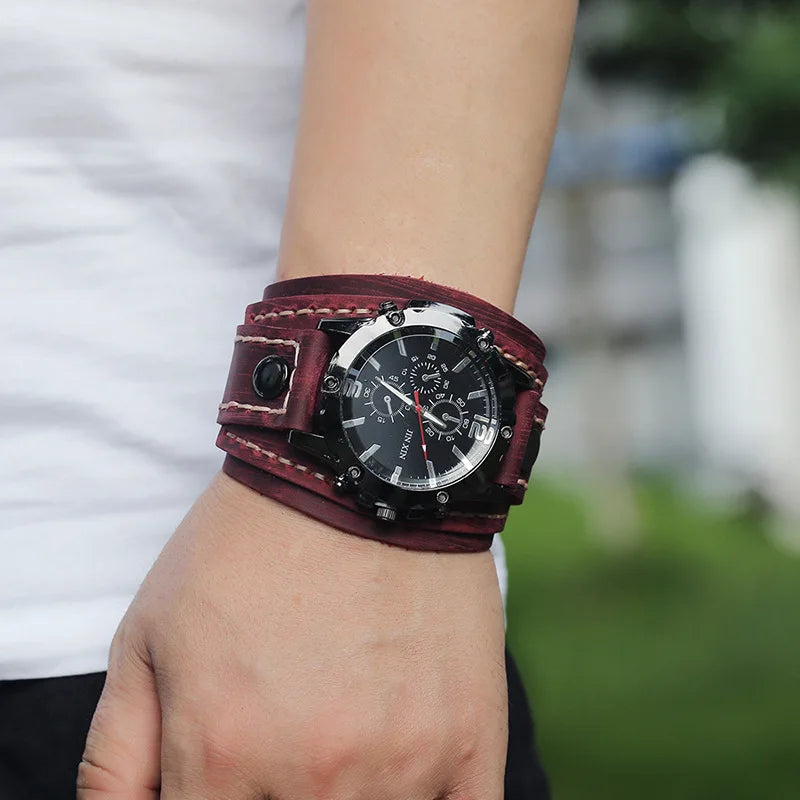 Rugged Men's Quartz Watch - Premium Cowhide Leather Punk Wristwatch