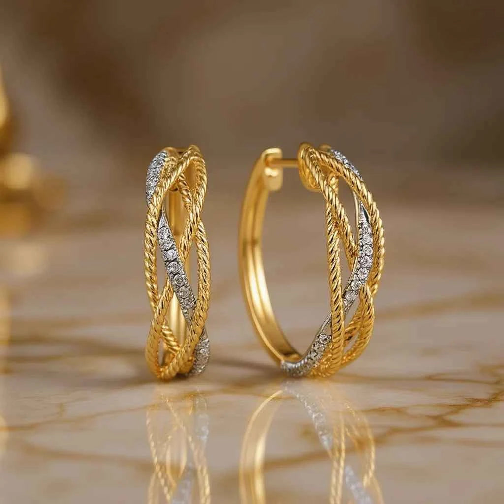 Golden Two-tone Hoop Earrings With Diamond Inlay For Women Everyday Wear