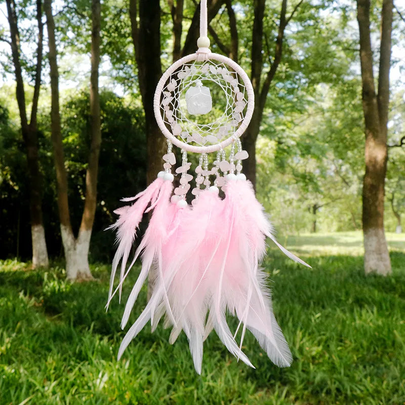 Handmade Mini Dream Catcher - Boho Wall Hanging with Colorful Feathers & Crystal Stones for Home Decor - Tulique