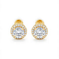 Gold plated diamond stud earrings - round bezel setting with white diamond halo