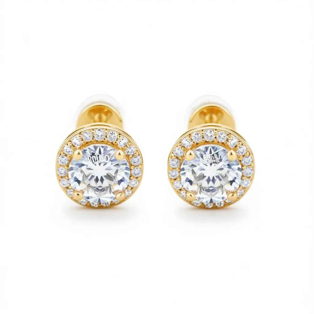 Gold plated diamond stud earrings - round bezel setting with white diamond halo