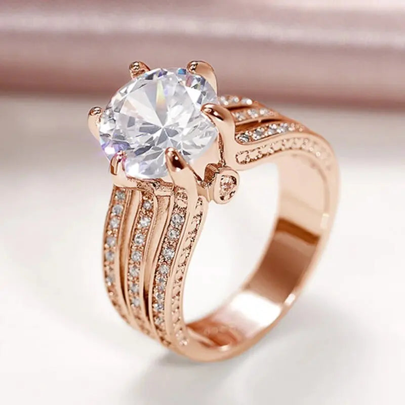 Elegant Gold Plated Diamond Ring - Round Brilliant Cut Engagement Style