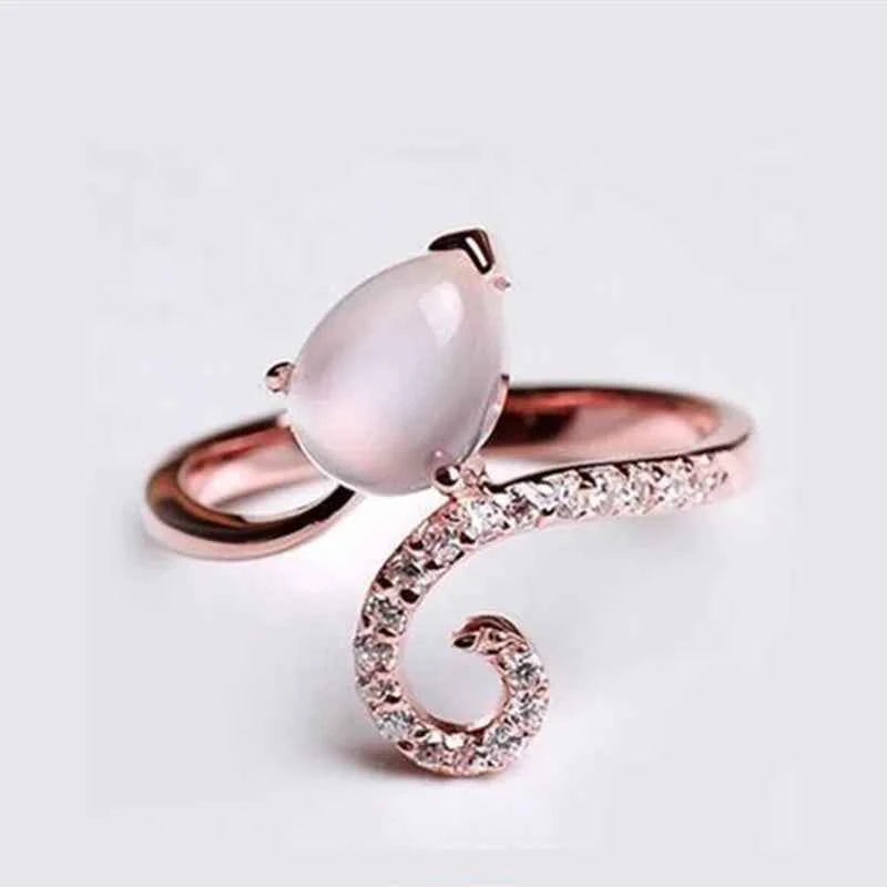 Q481 Women's Rose Quartz Gemstone Ring Water Drop Shape Pave Setting Engagement Fashion Jewelry