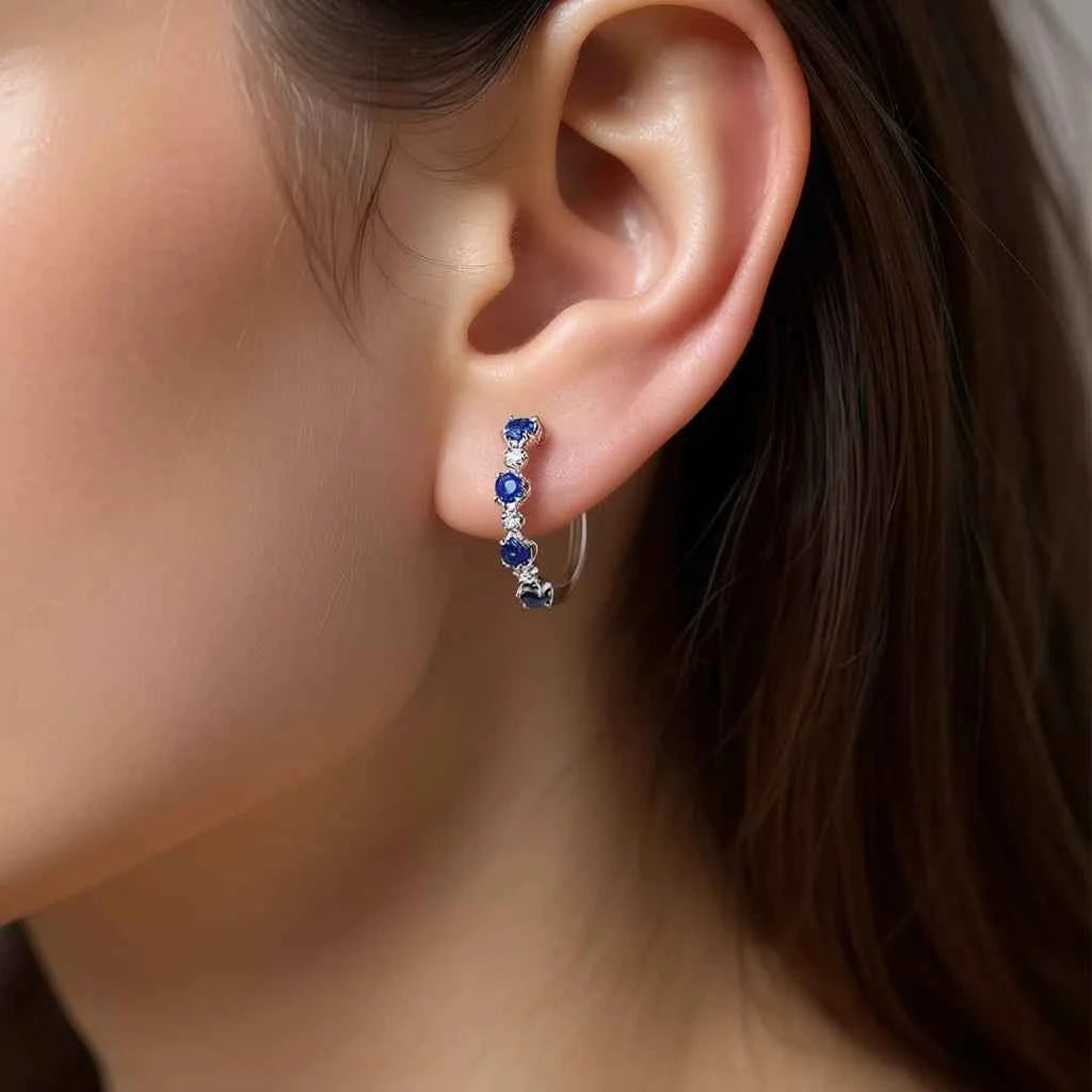 White Gold Hoop Earrings with Zircon Brilliant Cut Claw Setting 925 Silver Classic Style Women Everyday Wear