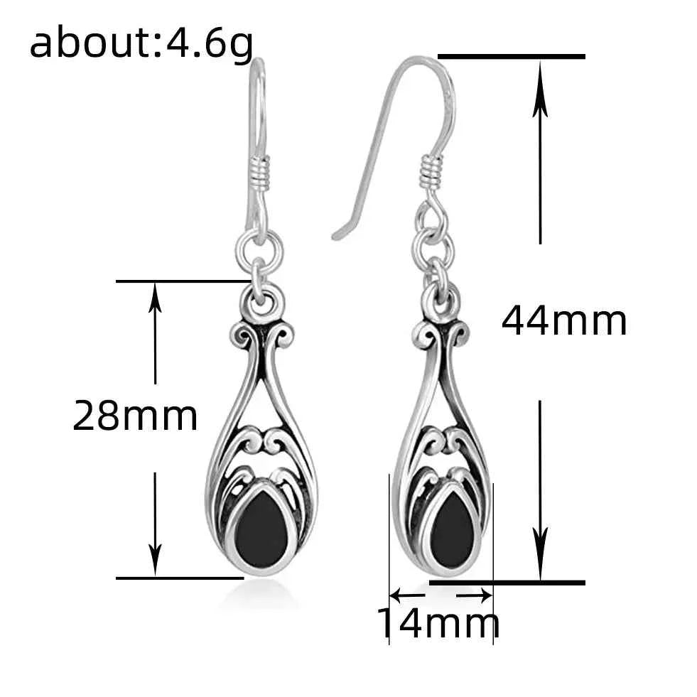 Vintage Tibetan Silver Drop Earrings With Onyx Stone Bezel Setting For Women White Gold Plated Fashion Jewelry