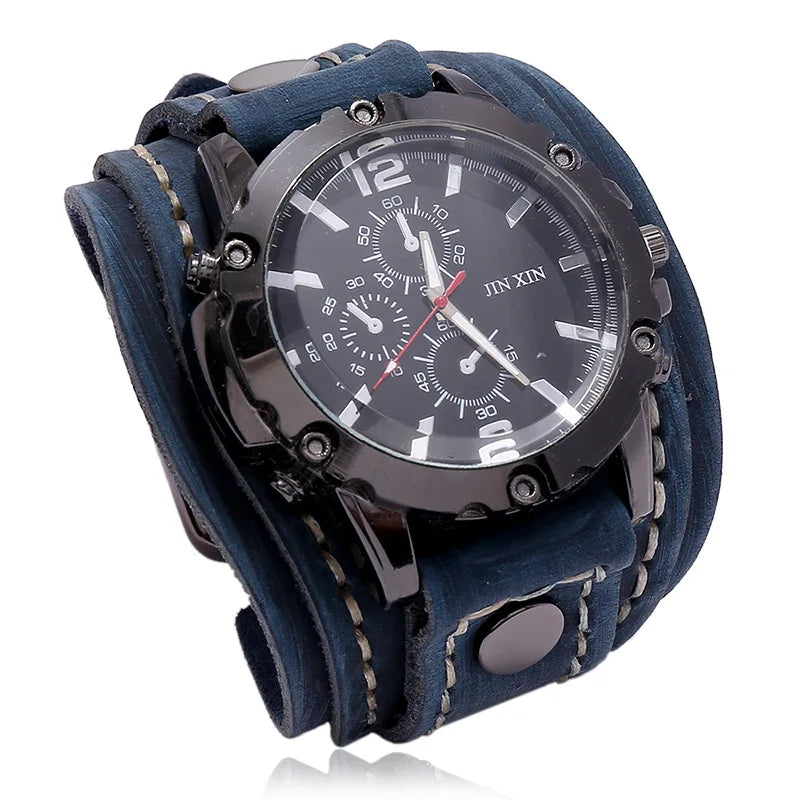 Rugged Men's Quartz Watch - Premium Cowhide Leather Punk Wristwatch