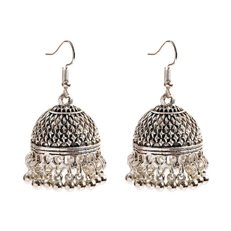 Elegant Indian Jhumka Earrings - Silver Flower Tassel Dangle Design